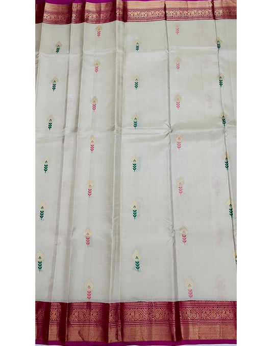 Off-White Kanchipuram Silk Saree with Contrast Dark Pink Border