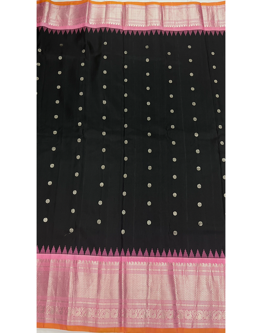 Black Handwoven Gadwal Silk Saree with Baby Pink Border and Striking Light Orange Piping