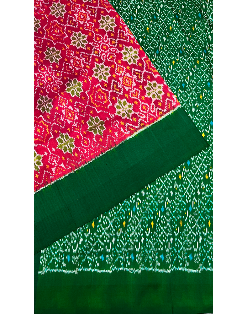 Magenta Pink Handwoven Ikat Silk Saree with Contrast Green Border