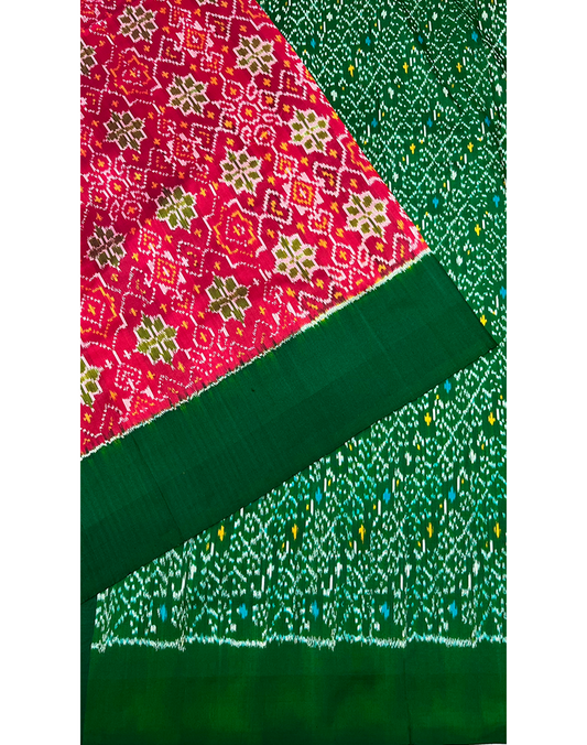 Magenta Pink Handwoven Ikat Silk Saree with Contrast Green Border