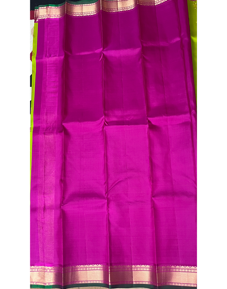 Mustard Yellow Kanchipuram Silk Saree with Contrast Orange and Pink Border