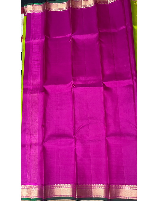Mustard Yellow Kanchipuram Silk Saree with Contrast Orange and Pink Border
