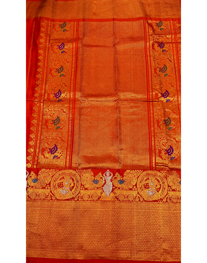 Orange Handwoven Gadwal Silk Saree with Self-Color Border