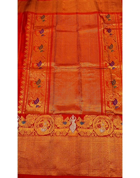 Orange Handwoven Gadwal Silk Saree with Self-Color Border