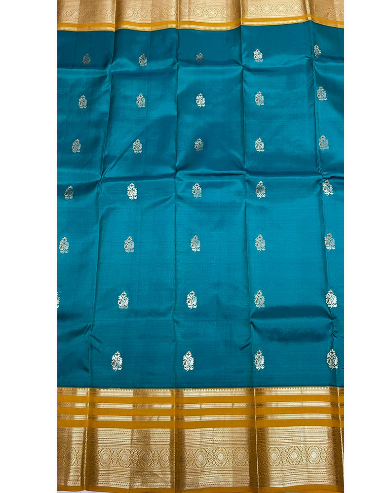 Turquoise Blue Kanchipuram Silk Saree with Contrast Mustard Yellow Border