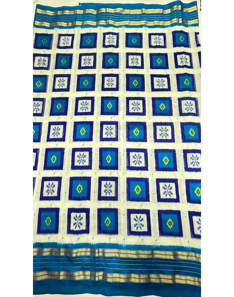 White Handwoven Ikat Silk Saree with Contrast Ocean Blue Kanchi Border