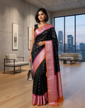 Black Handwoven Gadwal Silk Saree with Baby Pink Border and Striking Light Orange Piping