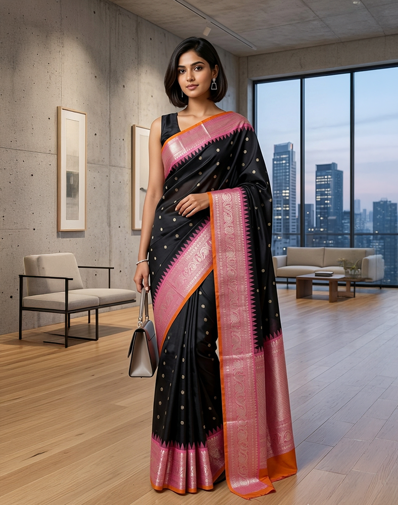 Black Handwoven Gadwal Silk Saree with Baby Pink Border and Striking Light Orange Piping