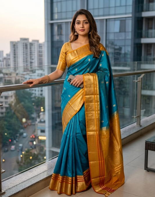 Turquoise Blue Kanchipuram Silk Saree with Contrast Mustard Yellow Border