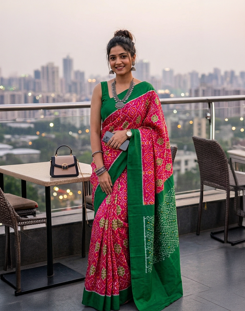 Magenta Pink Handwoven Ikat Silk Saree with Contrast Green Border
