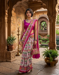 White Pochampally Handwoven Drill Weaving Ikat Silk Saree with Contrast Magenta Purple Border