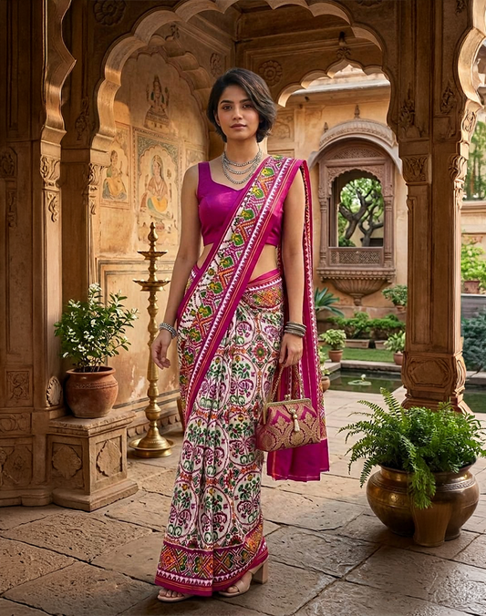 White Pochampally Handwoven Drill Weaving Ikat Silk Saree with Contrast Magenta Purple Border