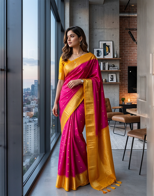 Rani Pink Handwoven Gadwal Silk Saree with Yellow Border
