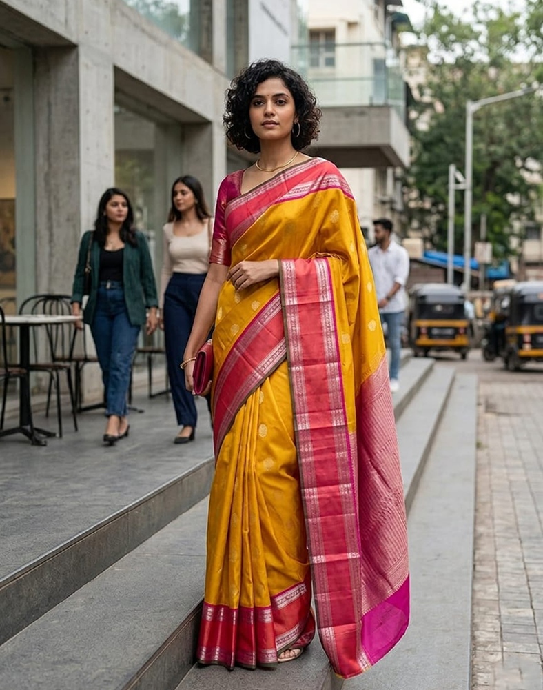 Mustard Yellow Kanchipuram Silk Saree with Contrast Orange and Pink Border