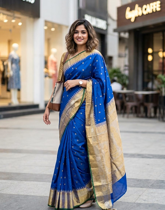 Royal Blue Handwoven Gadwal Silk Saree with Cream Border