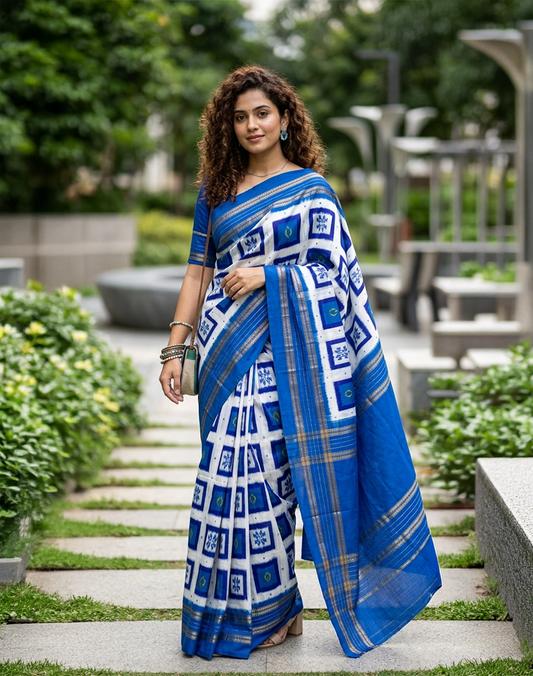 White Handwoven Ikat Silk Saree with Contrast Ocean Blue Kanchi Border