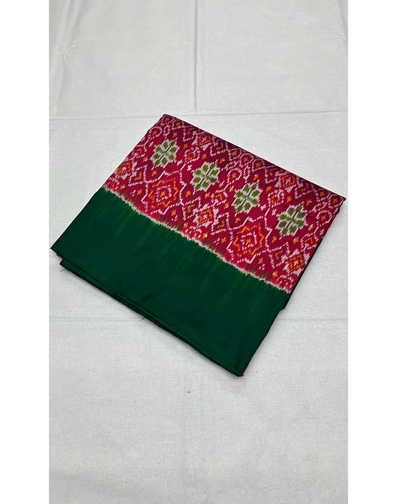 Magenta Pink Handwoven Ikat Silk Saree with Contrast Green Border