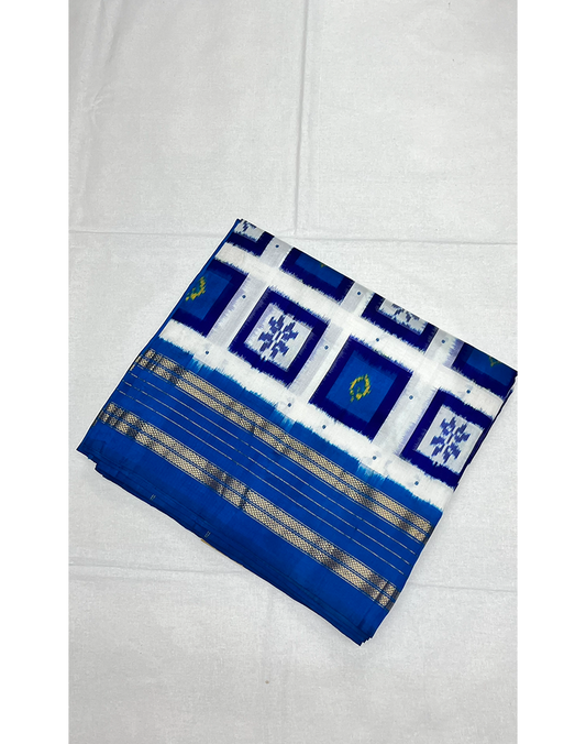 White Handwoven Ikat Silk Saree with Contrast Ocean Blue Kanchi Border