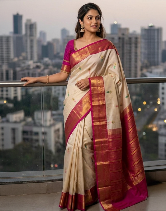 Off-White Kanchipuram Silk Saree with Contrast Dark Pink Border
